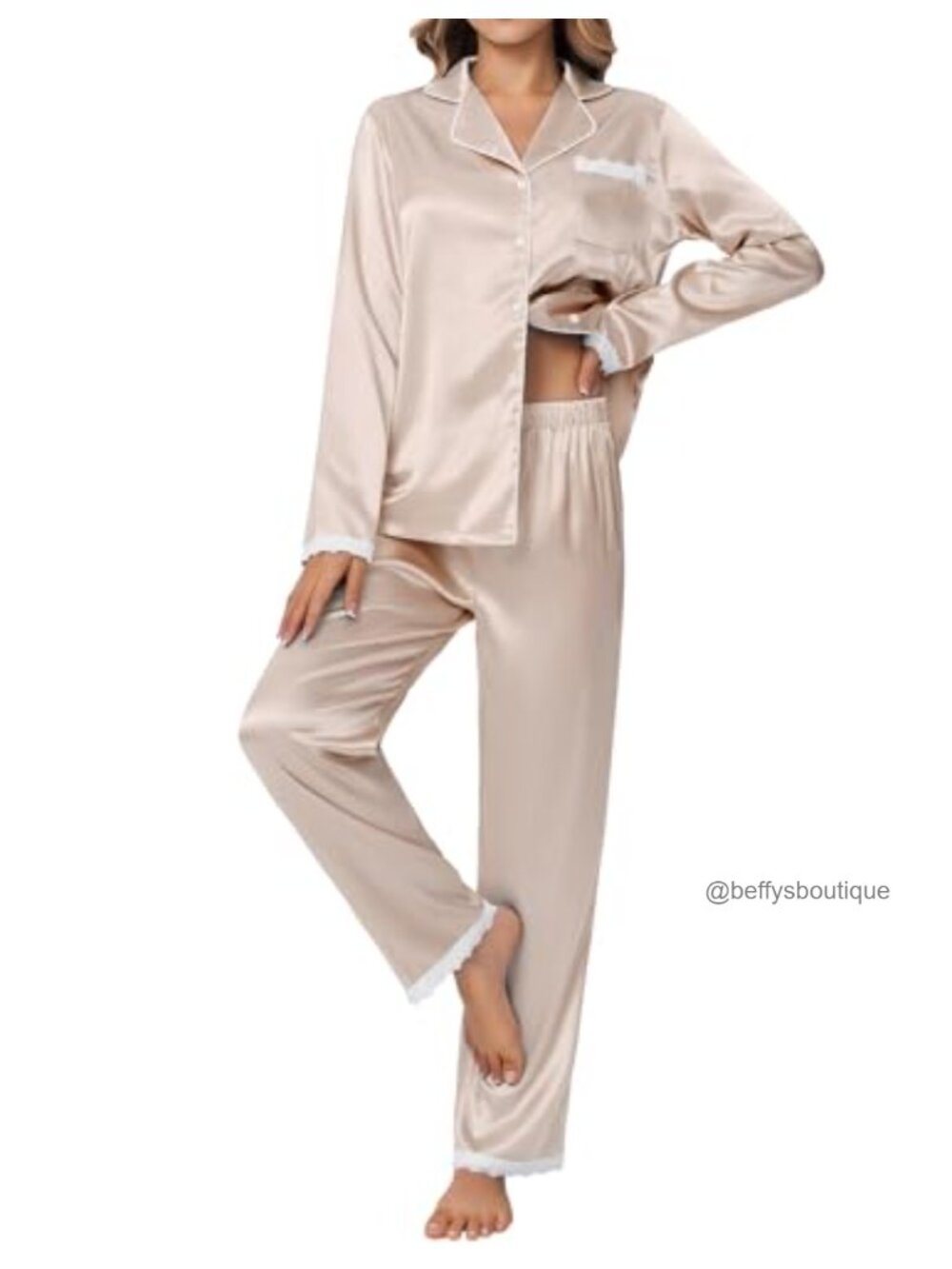 Silk Satin Pajama Set - Long Sleeve Button Down Sleepwear with Lace